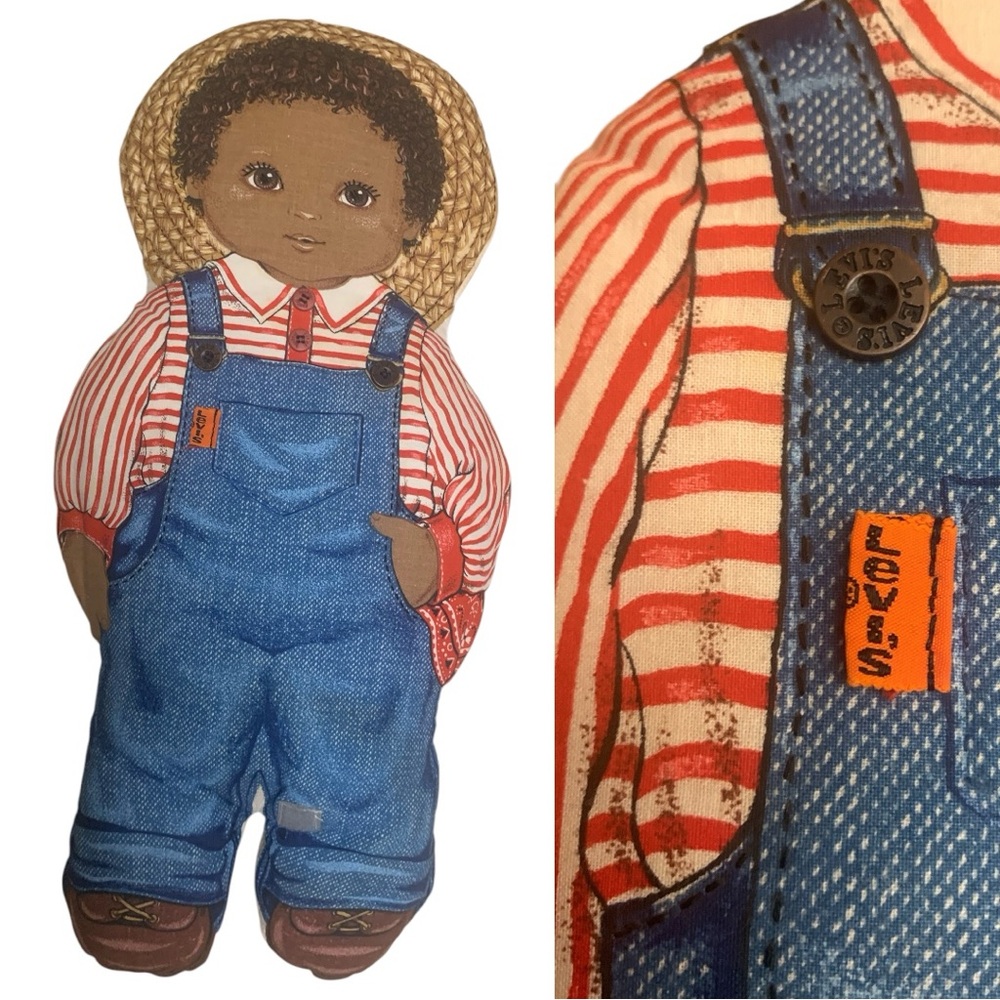 VTG Cranston Amos African American Cloth Doll Stuff Plush Toy LEVIS Tab Buttons